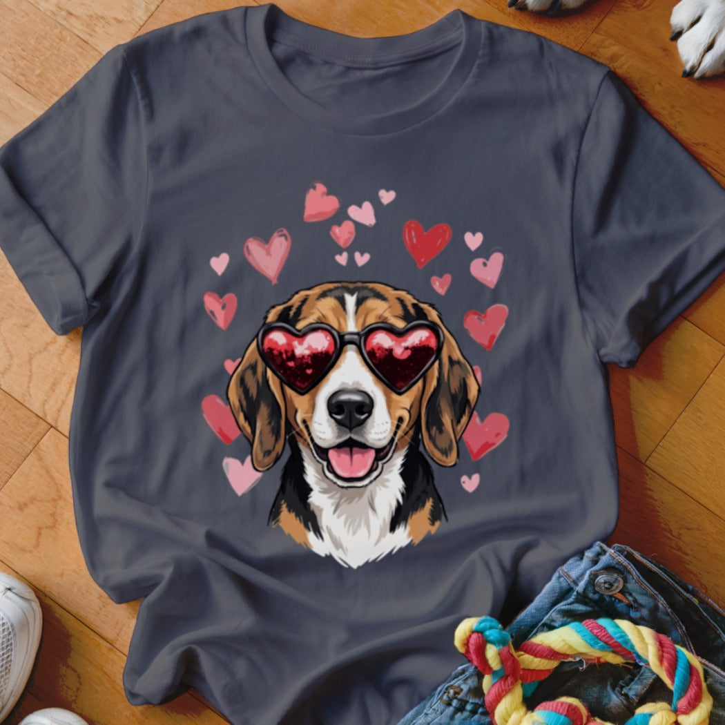 Dark gray t-shirt featuring an illustration of a beagle wearing heart-shaped sunglasses surrounded by pink hearts.