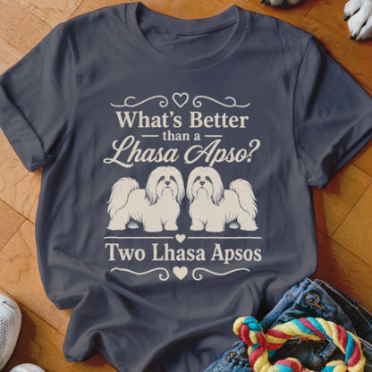 Dark blue t-shirt with white text and two Lhasa Apso dogs.