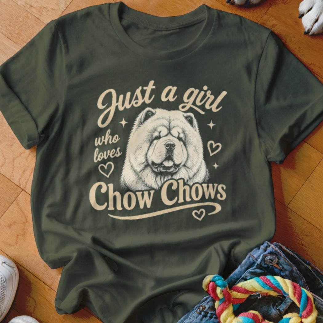 Olive green t-shirt with "Just a girl who loves Chow Chows" text and dog illustration.