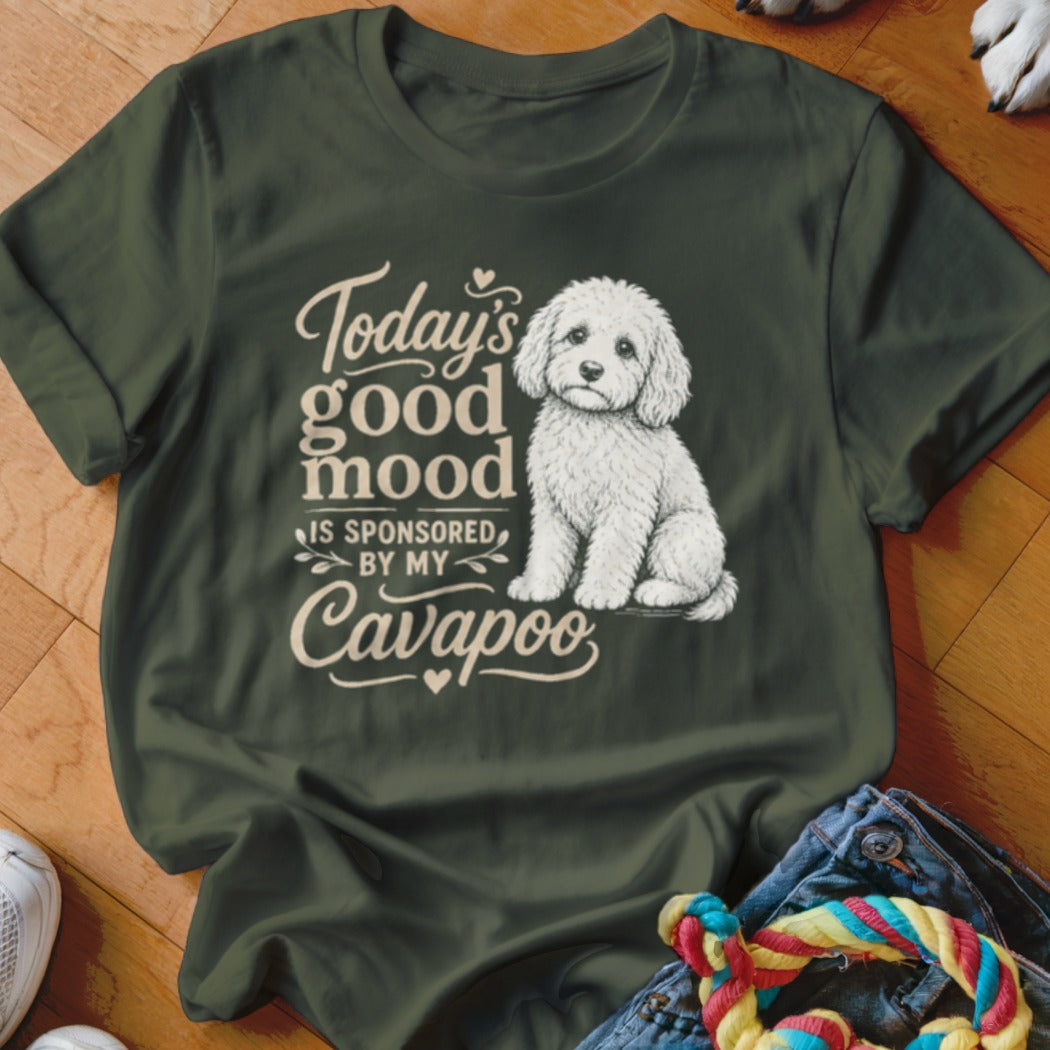 Olive green t-shirt with "Today's good mood is sponsored by my Cavapoo" and dog graphic.