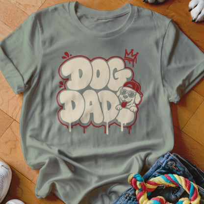 Gray t-shirt with "DOG DAD" in white bubble letters and a cartoon dog.