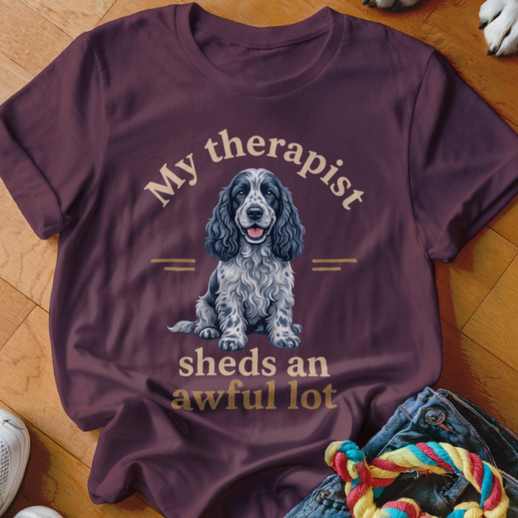 Cocker Spaniel dog graphic with text "My therapist sheds an awful lot."