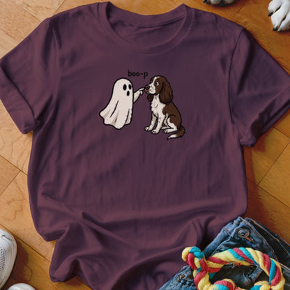 T-shirt with a cartoon ghost booping a sitting dog, with text "boo-p".