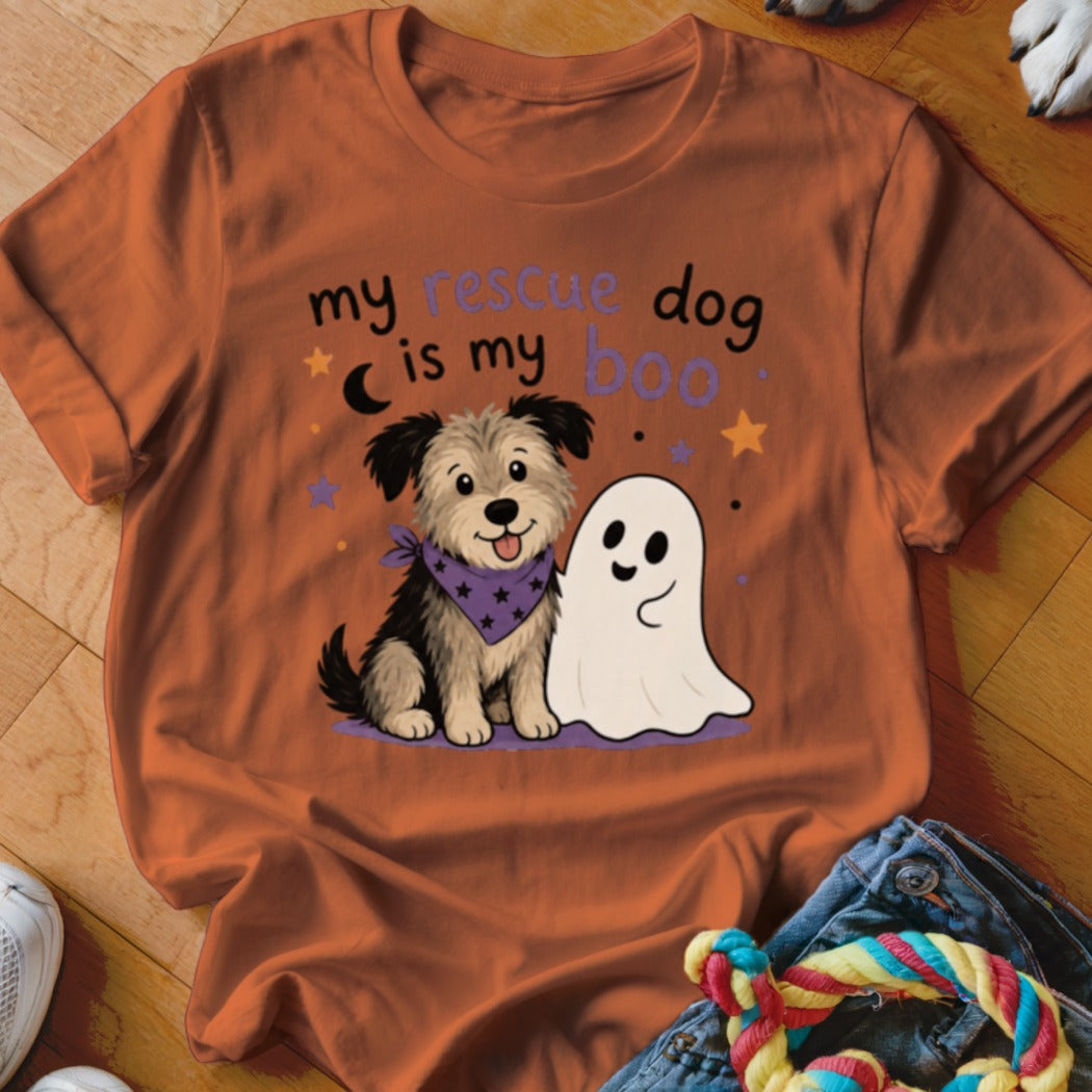 Orange t-shirt with a dog and ghost graphic that says "my rescue dog is my boo".