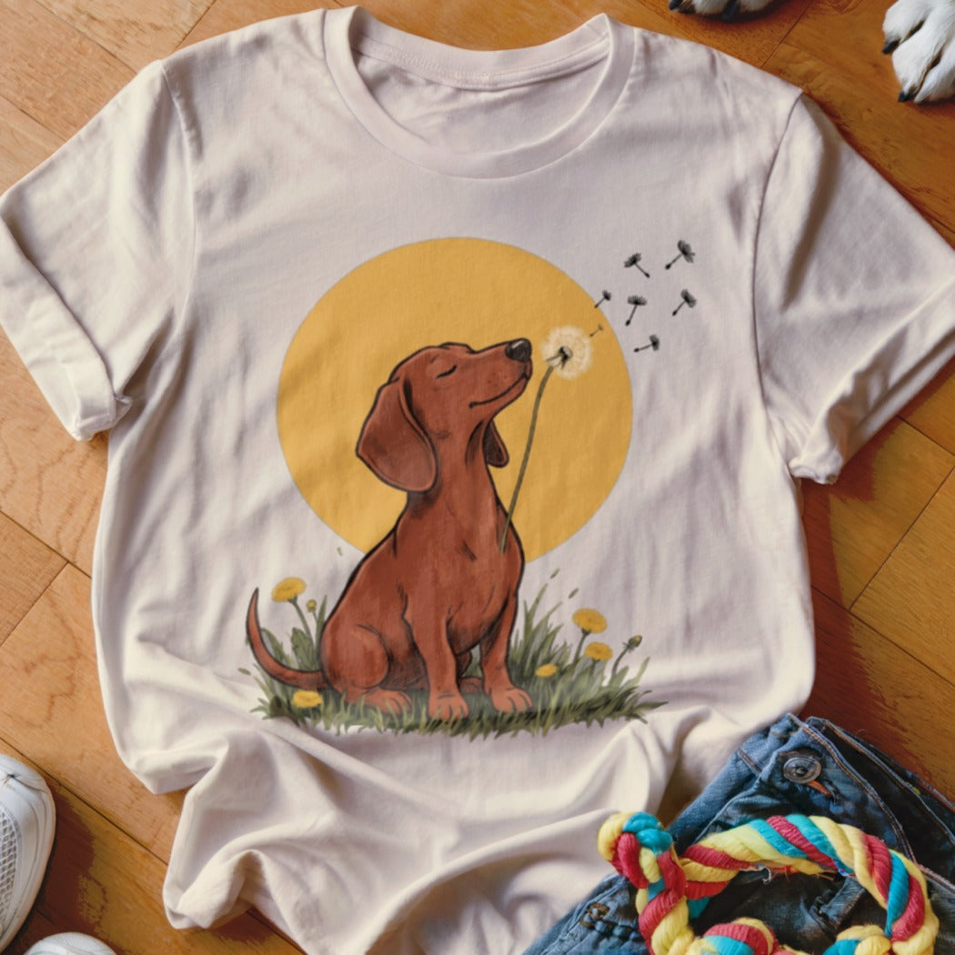 A cream-colored t-shirt displays an illustration of a brown dachshund blowing dandelion seeds against a yellow circle background.