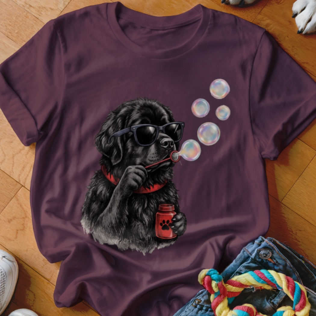 Dark maroon crewneck t-shirt featuring a graphic of a black dog wearing sunglasses and blowing bubbles.