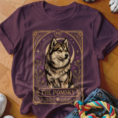 Dark purple crewneck t-shirt featuring a tarot card graphic of a pomsky with the text "The Pomsky".