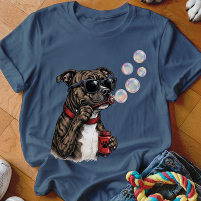 Blue t-shirt featuring a graphic of a brindle dog wearing sunglasses and blowing bubbles.