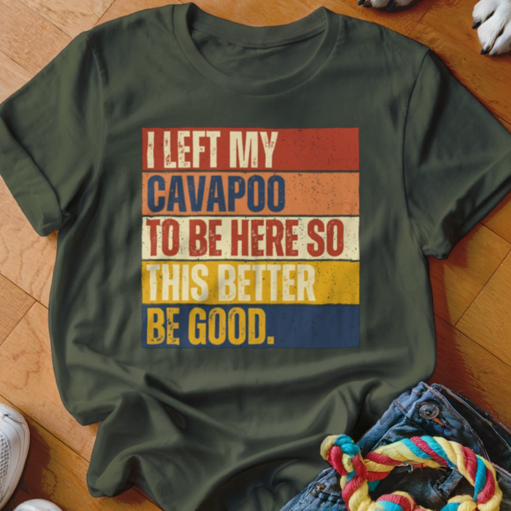 Green t-shirt with "I LEFT MY CAVAPOO TO BE HERE SO THIS BETTER BE GOOD." text.