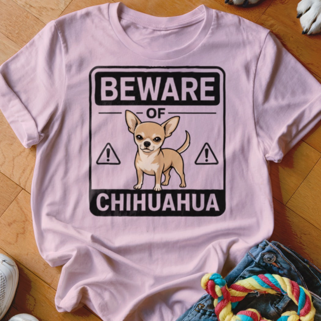 Pink t-shirt with "Beware of Chihuahua" sign and cartoon chihuahua graphic.