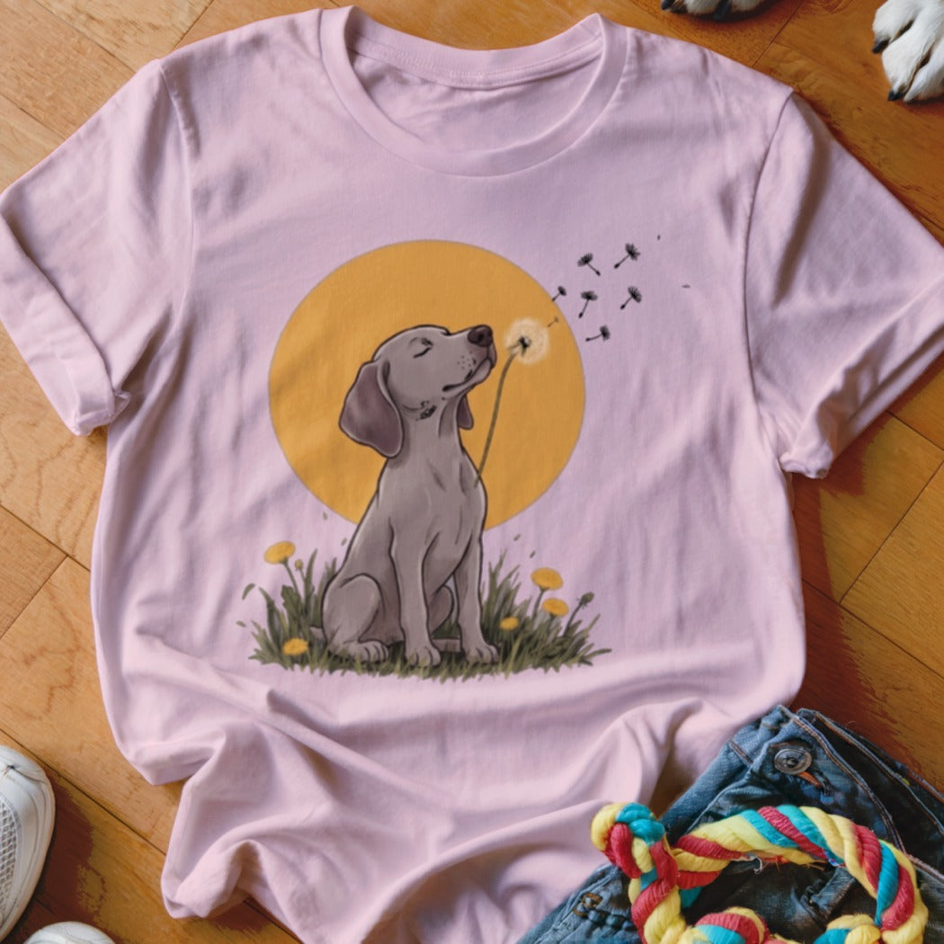 A light pink t-shirt displays an illustration of a gray dog blowing dandelion seeds against a yellow sun.