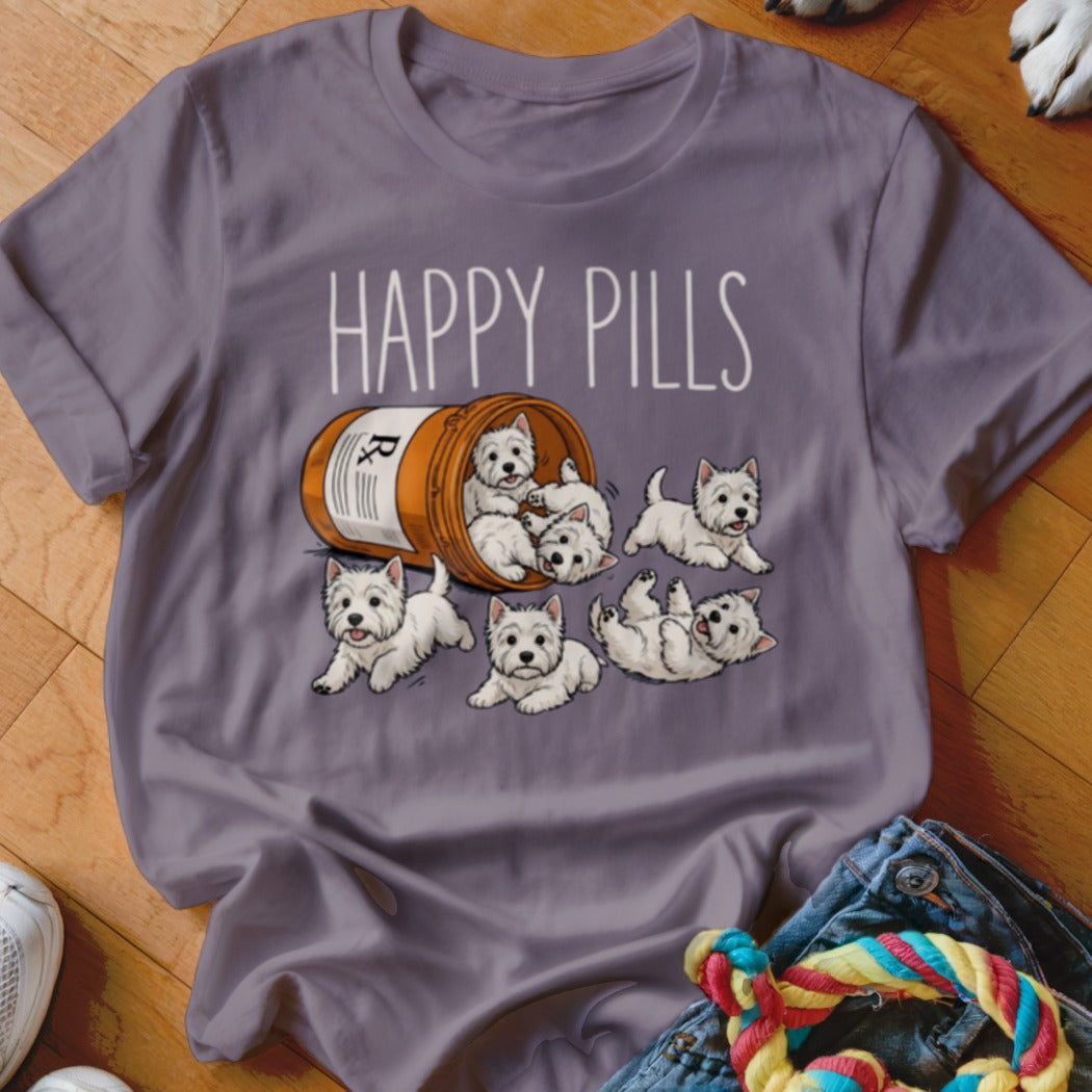 West Highland White Terrier puppies spilling from a pill bottle with "HAPPY PILLS" text.