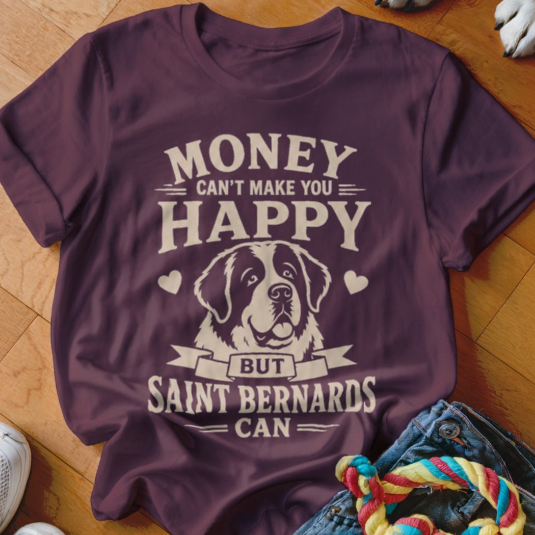 Maroon t-shirt with Saint Bernard graphic and "Money Can't Make You Happy But Saint Bernards Can" text.