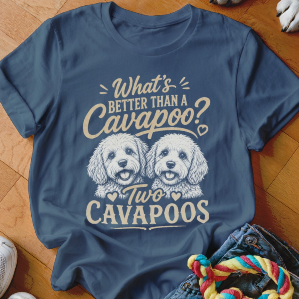 Blue t-shirt graphic: "What's better than a Cavapoo? Two Cavapoos."