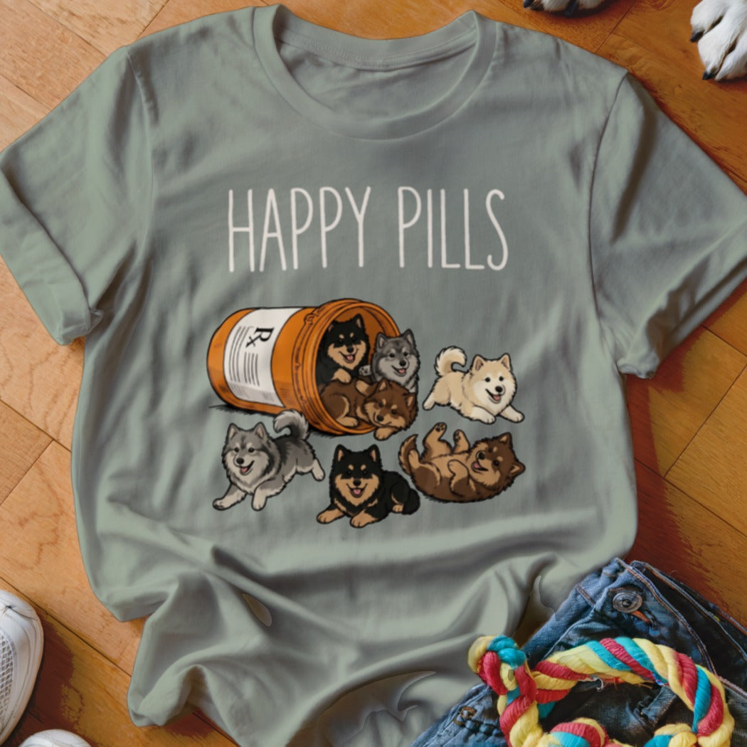 "Happy Pills" text above a prescription bottle overflowing with cute puppies.