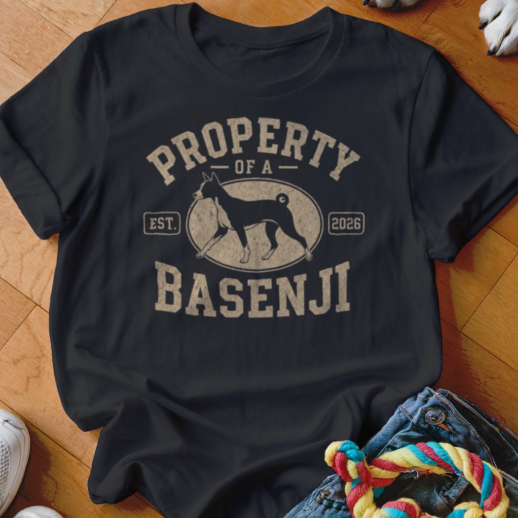T-shirt with "Property of a Basenji" text, Basenji dog silhouette, and "EST. 2026" in distressed style.