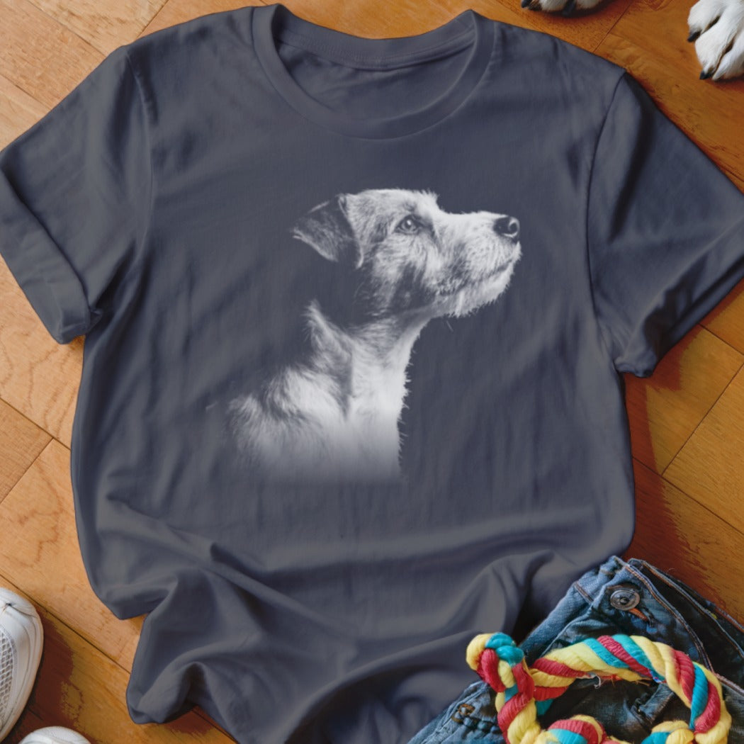 Dark t-shirt with black and white graphic of a dog's head in profile.