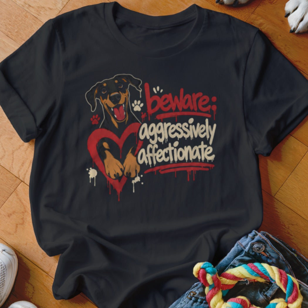 Dark t-shirt with dog heart graphic and "beware: aggressively affectionate" text.