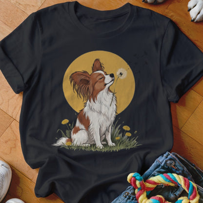 Black t-shirt featuring an illustration of a Papillon dog blowing dandelion seeds against a yellow sun.