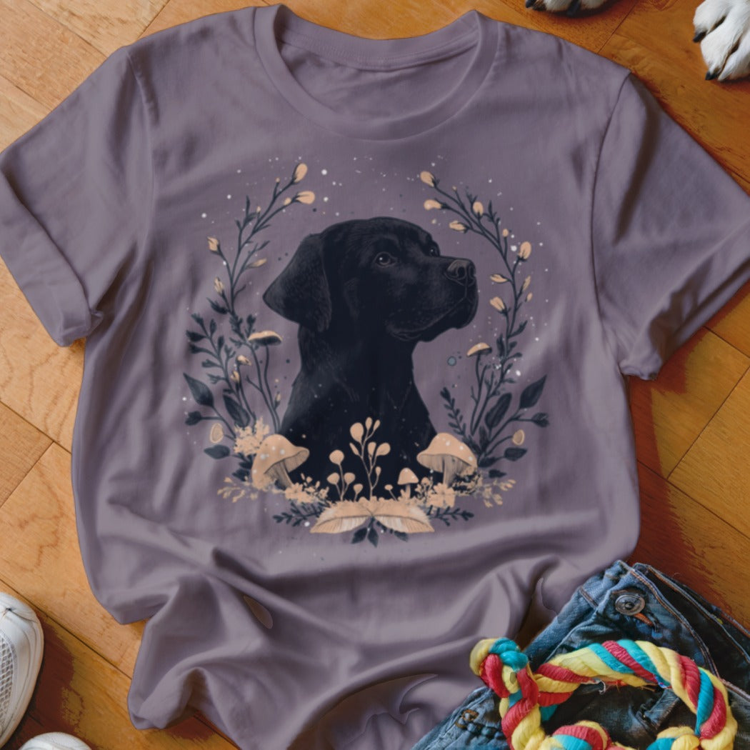 T-shirt with black lab profile in floral and mushroom frame.