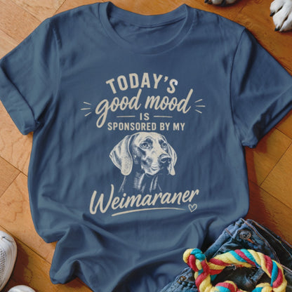 Navy t-shirt with "Today's good mood is sponsored by my Weimaraner" text and dog graphic.
