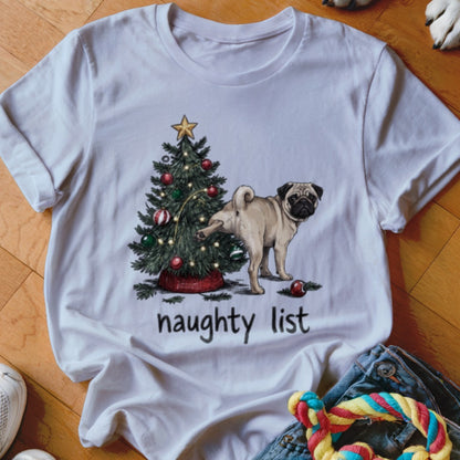 A white t-shirt featuring a graphic of a pug peeing on a Christmas tree with the text "naughty list".