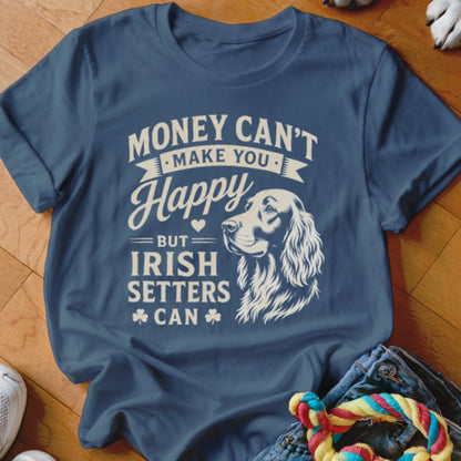 Navy t-shirt with white text and Irish Setter graphic: "Money can't make you happy but Irish setters can."