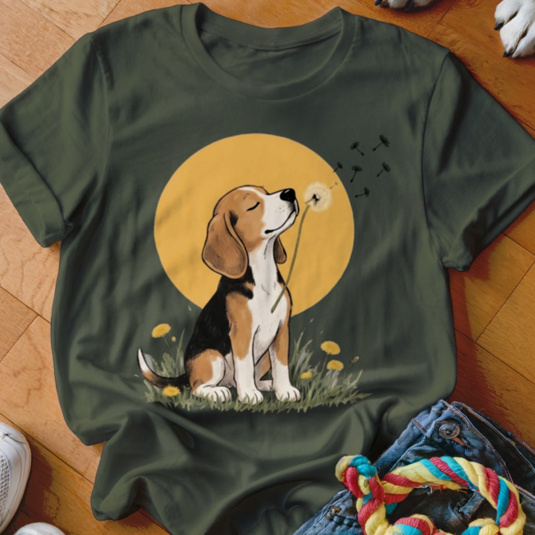 Dark green t-shirt featuring an illustration of a beagle sniffing a dandelion against a yellow circle.