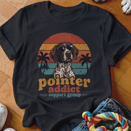 Black t-shirt featuring a retro graphic of a pointer dog wearing sunglasses, palm trees, and text that reads pointer addict support group.