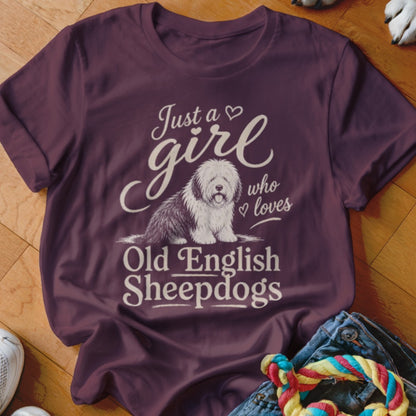Burgundy t-shirt with "Just a girl who loves Old English Sheepdogs" text and dog graphic.
