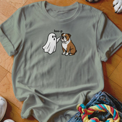 T-shirt graphic of a ghost booping a bulldog with the text "boo-p".