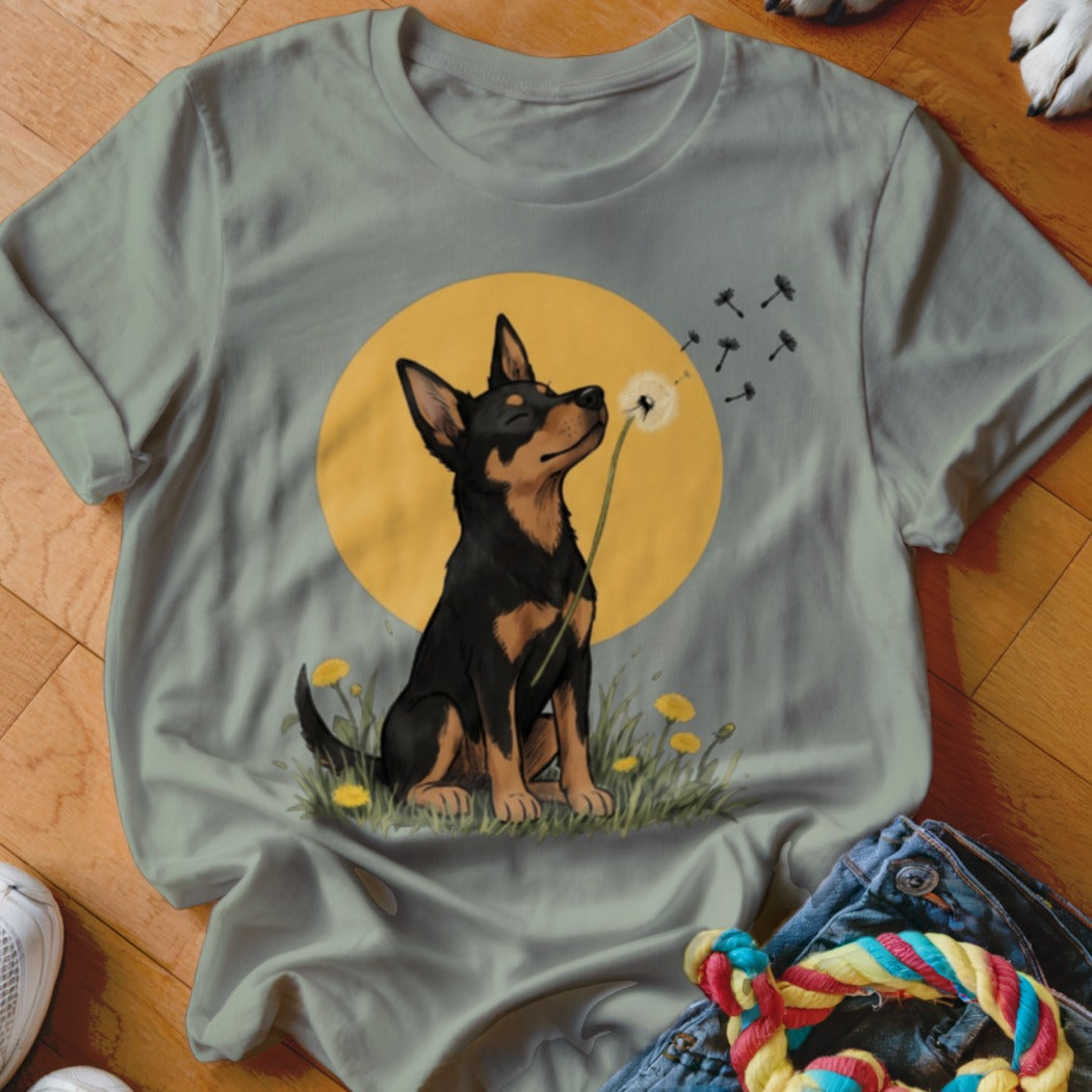 Sage green t-shirt featuring an illustration of a black and tan dog blowing dandelion seeds against a yellow sun background.