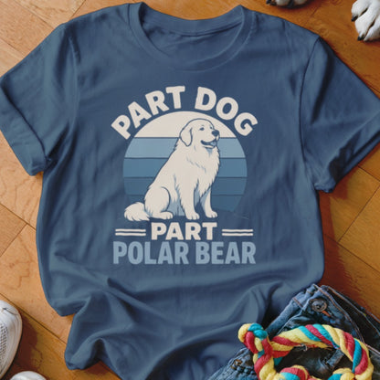 Dark blue t-shirt with white dog graphic and text "Part Dog Part Polar Bear".