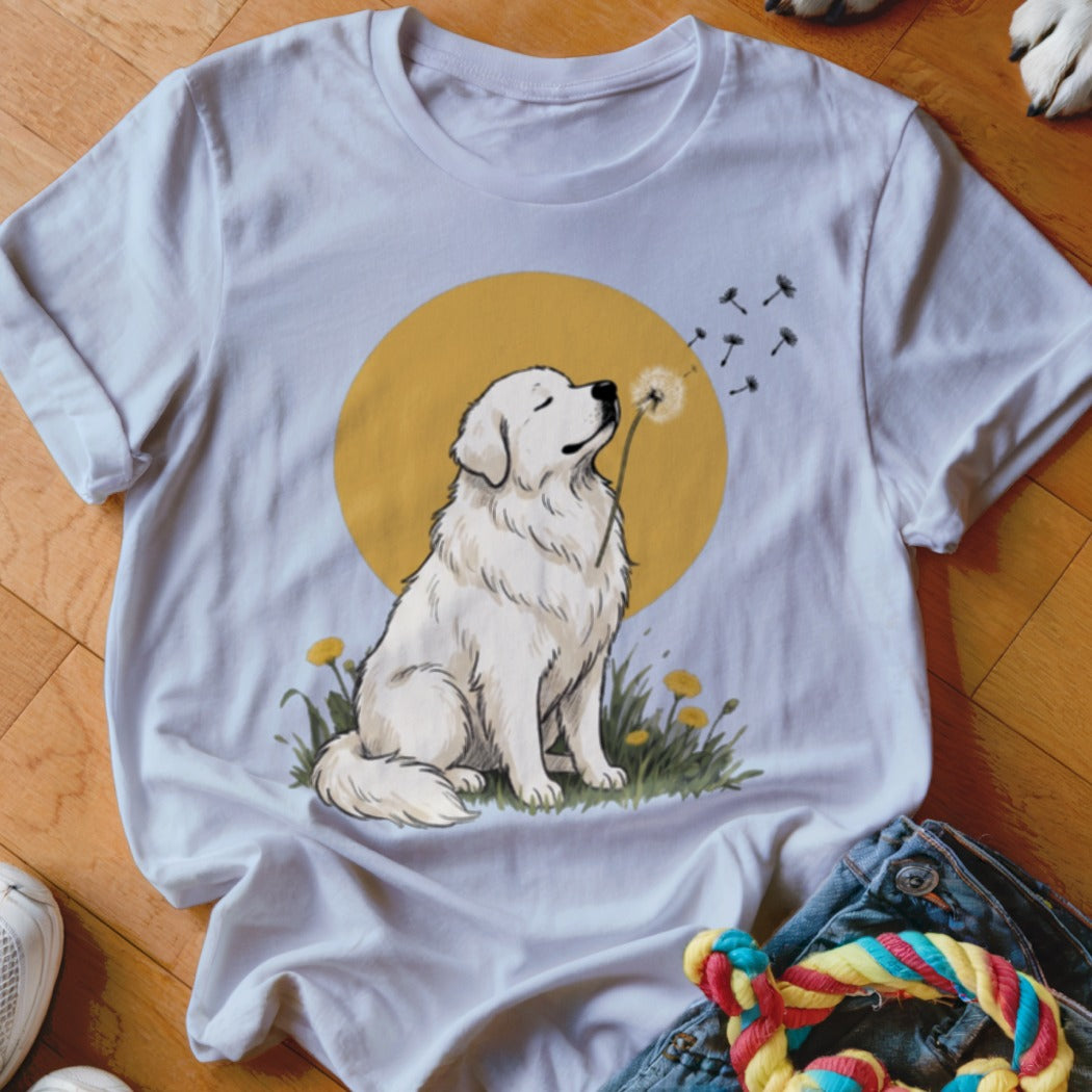 A white t-shirt featuring an illustration of a white dog blowing dandelion seeds against a yellow circle.