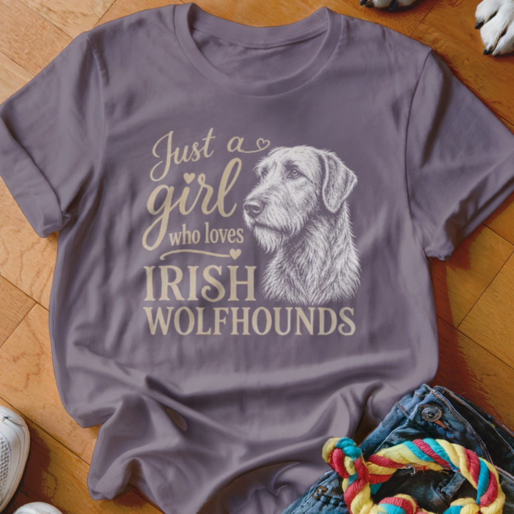 Grey t-shirt with "Just a girl who loves Irish Wolfhounds" text and dog illustration.