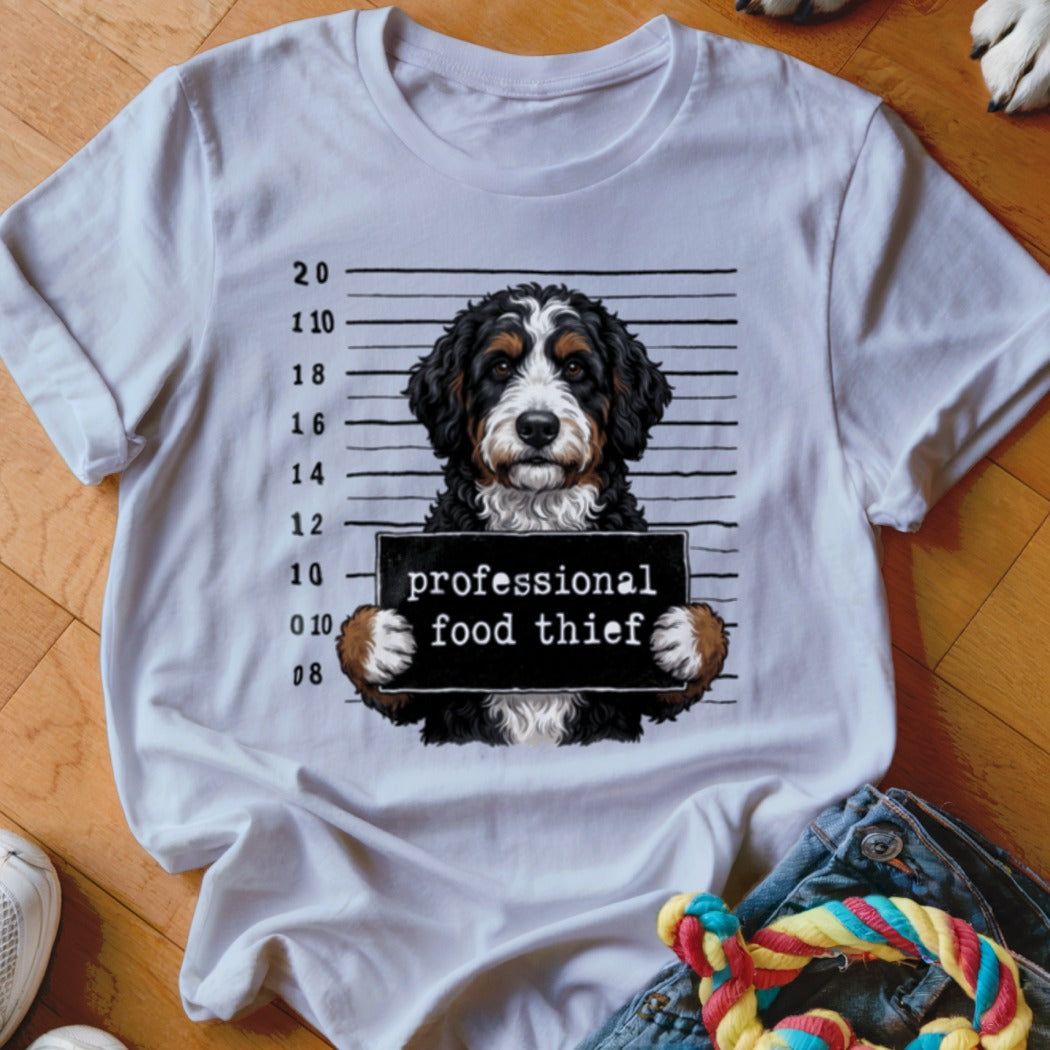 Bernese Mountain Dog mugshot with "professional food thief" sign.