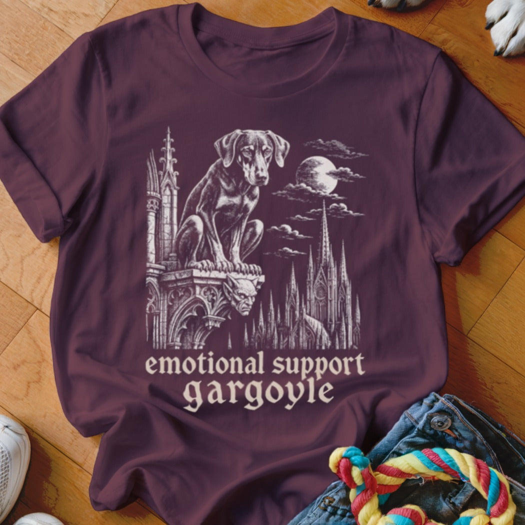 T-shirt with dog and gargoyle on gothic architecture, "emotional support gargoyle" text.