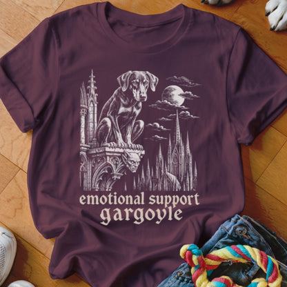 T-shirt with dog and gargoyle on gothic architecture, "emotional support gargoyle" text.