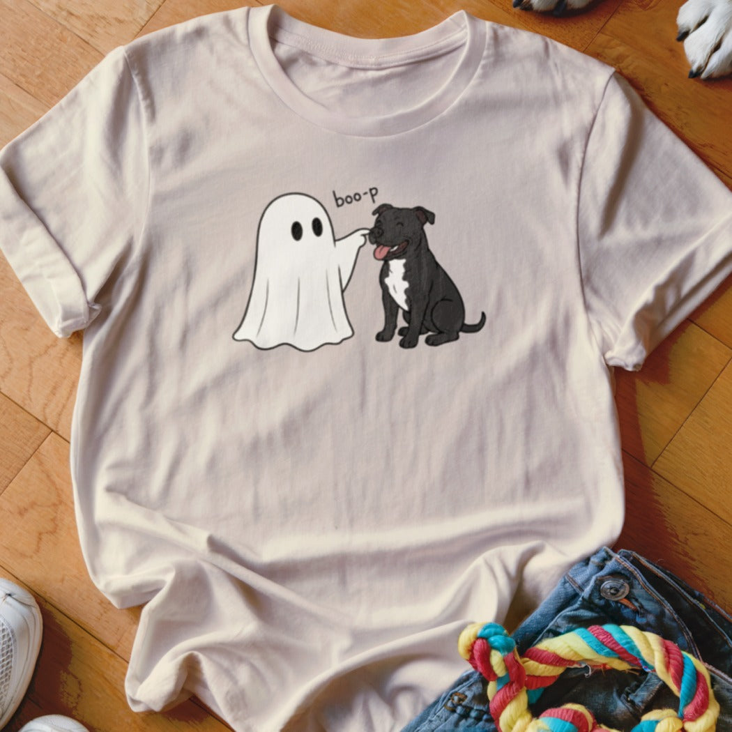 Light beige t-shirt with a cartoon ghost touching a black dog saying "boo-p".