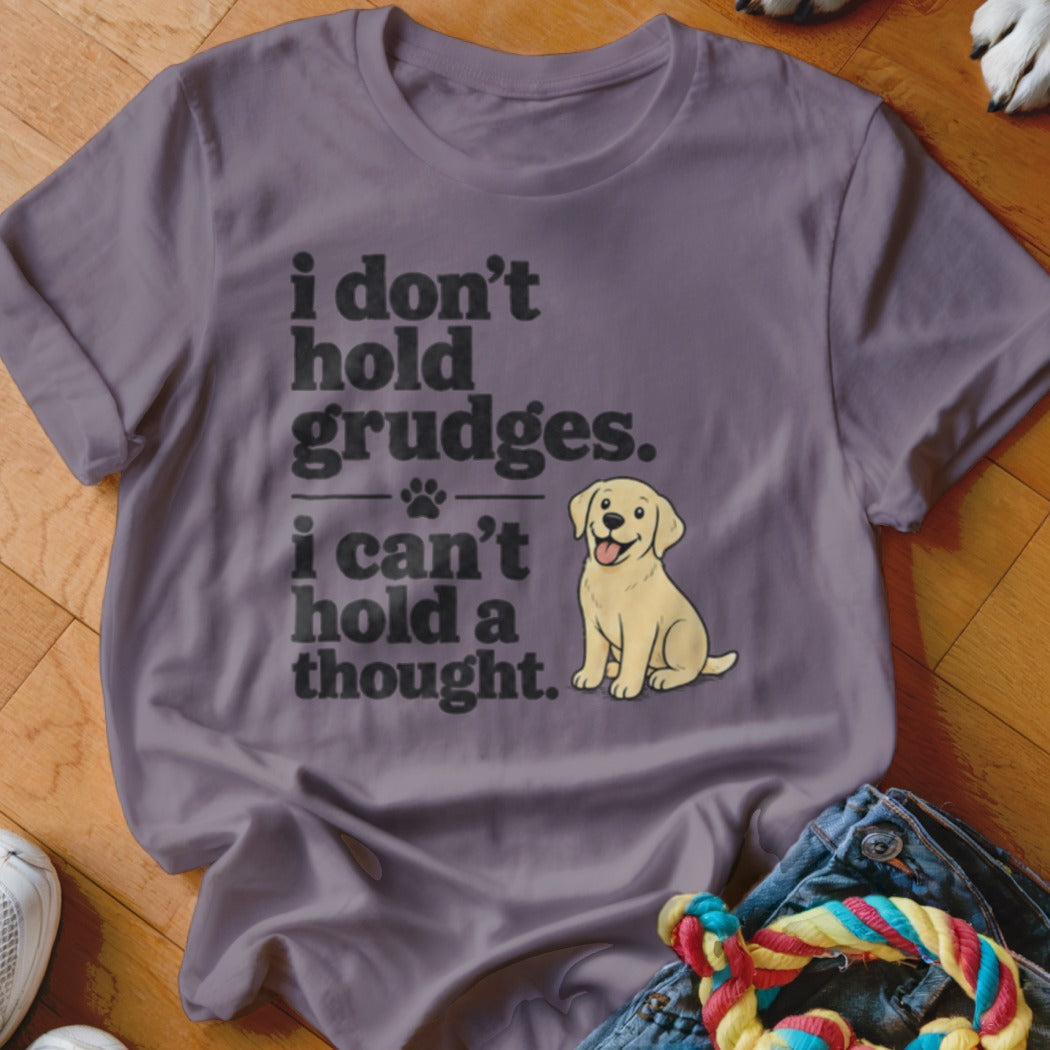 Purple t-shirt with "i don't hold grudges. i can't hold a thought." and a dog.