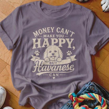 Purple t-shirt with "Money Can't Make You Happy, But Havanese Can" and dog graphic.