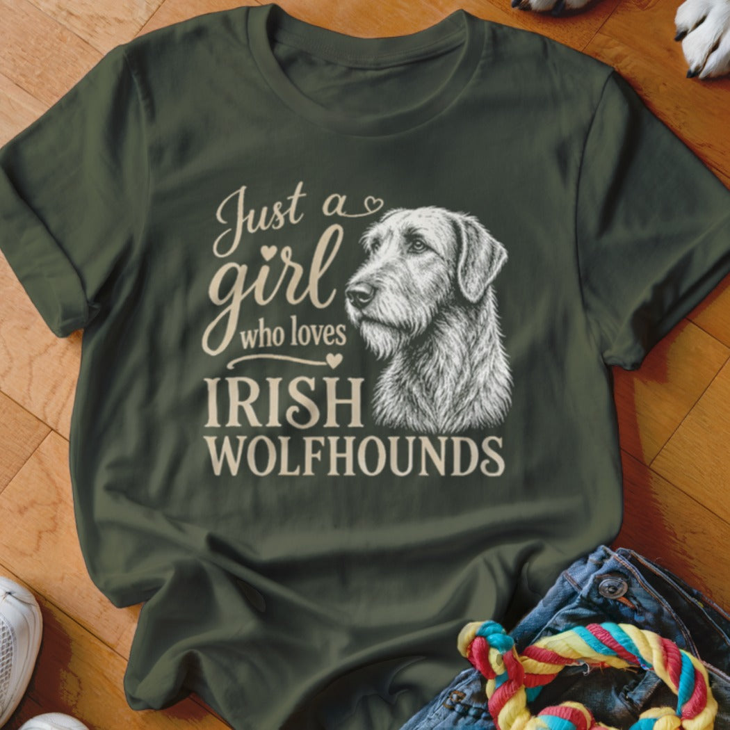 Olive green t-shirt with Irish Wolfhound illustration and text.