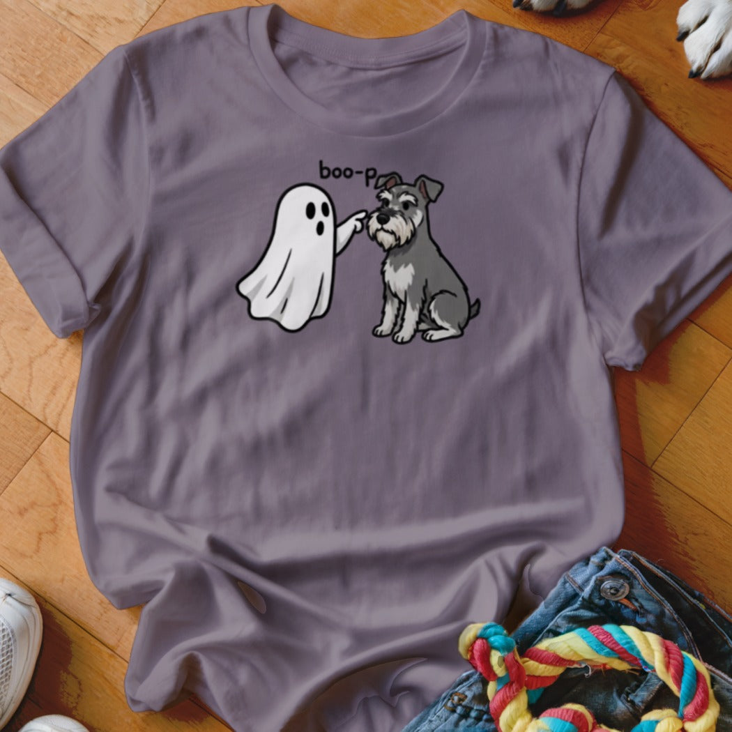 Ghost character booping a schnauzer dog on the nose with text "boo-p".