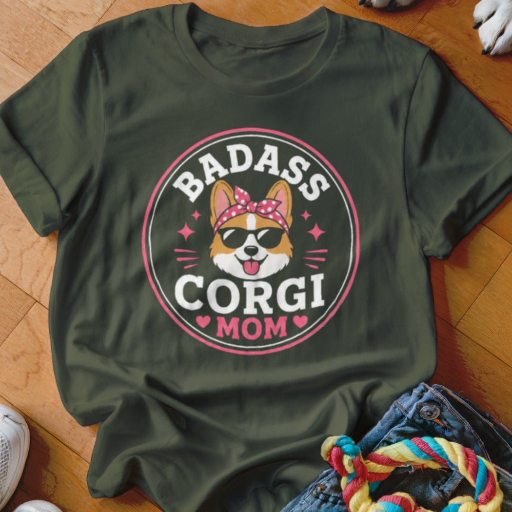 Green t-shirt with "Badass Corgi Mom" graphic featuring a cartoon corgi.