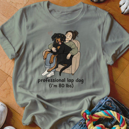 Illustration of woman hugging Rottweiler on chair with text "professional lap dog".
