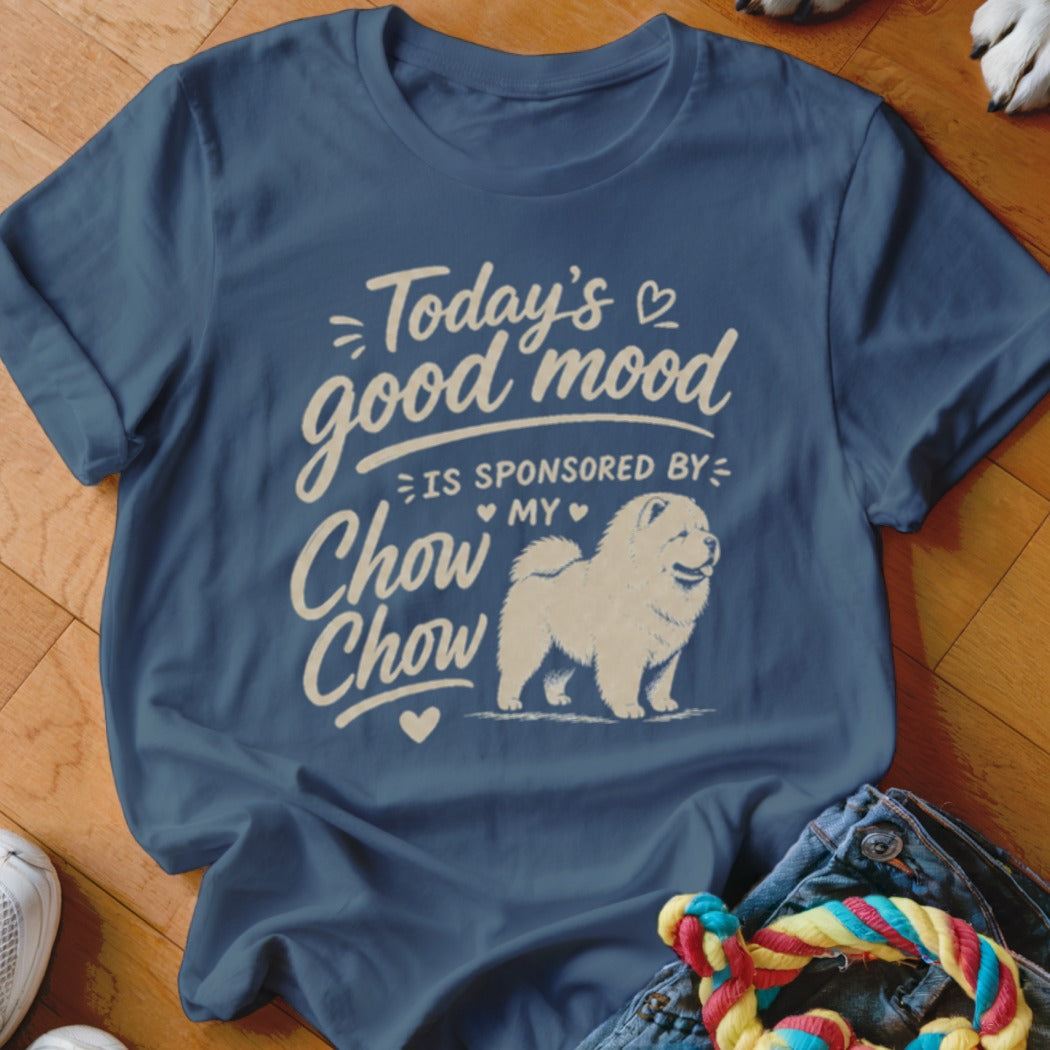 Blue t-shirt with text "Today's good mood is sponsored by my Chow Chow" and illustration.