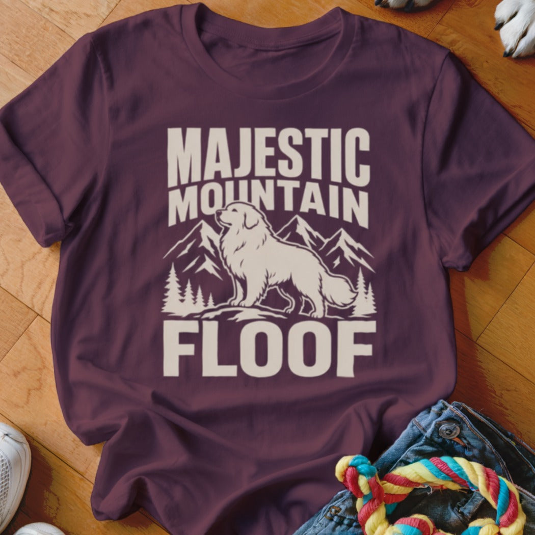 Maroon t-shirt with "MAJESTIC MOUNTAIN FLOOF" text and a fluffy dog illustration.
