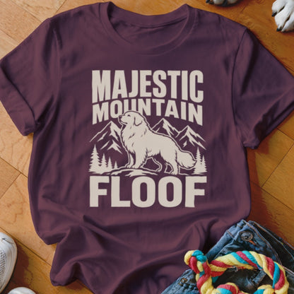 Maroon t-shirt with "MAJESTIC MOUNTAIN FLOOF" text and a fluffy dog illustration.