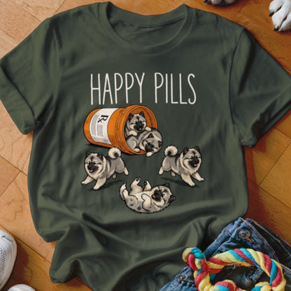 Happy Pills text with fluffy puppies spilling from a prescription bottle.