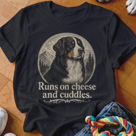 Bernese Mountain Dog portrait with text "Runs on cheese and cuddles."